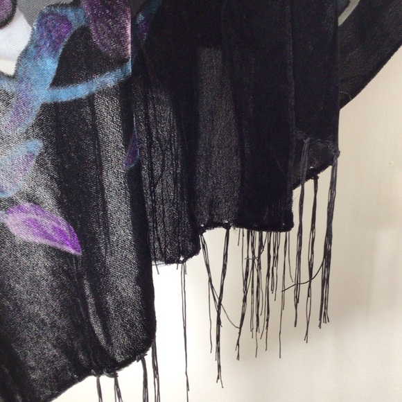 Scarf women silk velvet black purple floral - Picture 3 of 4